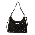 Borsa hobo in velluto nero trapuntato con borchie argentate e tracolla a catena - Nero
