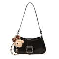 Chic black PU leather shoulder bag with a silver metal buckle and plush bear charm - With Pendant / Black