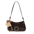 Chocolate brown glossy leather baguette bag with a cute bear charm and metal buckle - With Pendant / Brown