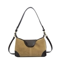 Khaki suede dumpling bag with dark brown leather trim and golden metal hardware - Khaki
