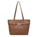 Bolso tote chic de cuero marrón con detalles dorados y asas largas para el hombro o la mano - Marrón