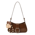 Dark brown PU leather underarm bag with silver buckle and cute plush bear charm - With Pendant / Brown