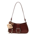 Glossy dark wine red baguette bag with metal buckle and plush bear pendant detail - With Pendant / Burgundy