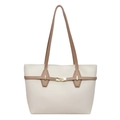 Elegante bolso tote crema y caqui con textura de cuero y hebilla de metal dorado - Blanco Roto