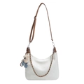 Beige crescent tote bag with brown strap and plush bear charm for daily commute - Large / Brown