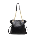 Retro black quilted leather drawstring tote bag with gold chain strap for women - Black