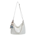 White hobo tote bag with silver chain strap and cute teddy bear charm hanging on the side - Large / White