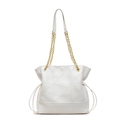 White quilted bucket bag with geometric triangles, metal chain strap and side drawstrings - Off White