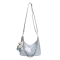 Silver metallic hobo tote bag with chain strap and cute bear plush charm accessory - Large / Silver