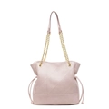 Pale pink textured leather bucket tote bag with gold chain and drawstring detail - Pink