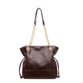 Dark brown quilted tote bucket bag with gold chain strap and drawstring detail - Coffee