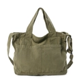 Army green vintage canvas tote bag with adjustable strap and dual front pockets - Green