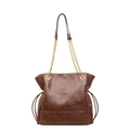 Dark brown retro bucket tote bag with geometric stitching and gold chain strap - Brown