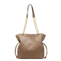 Tan faux leather tote bucket bag with geometric quilting and chain shoulder strap - Khaki