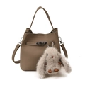 Elephant gray lychee leather bucket bag with a cute plush rabbit charm and silver buckle - Elephant Gray