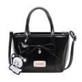 Sac seau en cuir verni noir avec nœud papillon et pendentif ours mignon - Noir