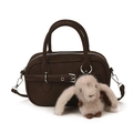 Dark brown suede Boston handbag with double handles and a cute plush rabbit charm - With Rabbit Pendant Style / Brown
