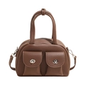 Retro dunkelbraune Boston Bag aus strukturiertem Leder mit zwei Taschen und Drehverschluss - Braun