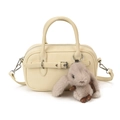 Cream vintage boston bag with lychee texture leather and plush rabbit keychain - With Rabbit Pendant Style / White