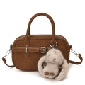 Brown minimalist tote bag in synthetic leather with plush charm and adjustable strap - With Rabbit Pendant Style / Brown