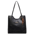 Minimalist black tote bag in faux leather with gold buckle and vintage wooden beads - With Pendant / Black