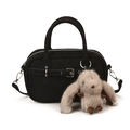 Minimalist black matte crossbody bag with a grey plush bunny pendant on white background - With Rabbit Pendant Style / Black