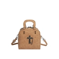 Retro tan faux leather handbag with vintage metal cross chain detail and top handle - Khaki