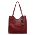 Large burgundy tote bag with gold metal trim and ethnic floral beaded pendant charm - With Pendant / Red