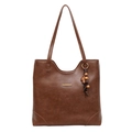 Large vintage commuter tote bag in dark brown oil wax leather with wood bead charm - With Pendant / Brown