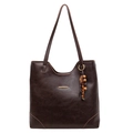 Dark coffee large tote bag in vintage oil wax leather with wood bead floral charm - With Pendant / Brown