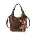 Minimalist vintage dark brown bucket bag with adjustable strap and cute teddy bear charm - With Pendant / Brown