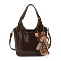 Chic dark brown faux leather bucket bag with cute bear charm and adjustable strap - With Pendant / Brown