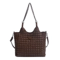 Dark brown quilted tote bag with square embossing and silver chain straps - Brown