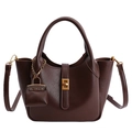 Elegant dark brown leather tote bag with gold swivel lock and detachable strap - Brown