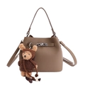 Brown litchi grain bucket bag with silver buckle and a cute teddy bear charm - Gray