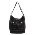 Vintage black washed denim tote bag with dual front pockets and silver button details - Black