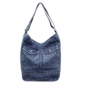 Large dark blue washed denim hobo bag with front pockets and silver buckles - Blue