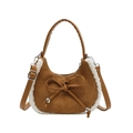 Brown frosted crescent handbag with plush faux fur trim and bow detail on white background - Bow Style (Style 1) / Brown
