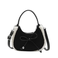 Retro black faux suede crescent bag with white faux fur trim and bow detail - Bow Style (Style 1) / Black