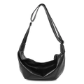 Minimalist black PU leather crescent hobo bag with adjustable strap and smooth texture - Black