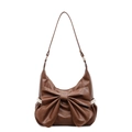 Bolso tote vintage marrón con lazo grande y detalles de encaje blanco suave - Marrón