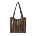 Borsa tote in lana a righe marroni da donna con ricamo a fiocco bianco e capiente - Marrone