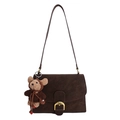 Dark brown square crossbody bag in matte finish with gold buckle and bear charm - With Pendant / Brown