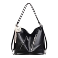 Fashionable black faux leather multi-way backpack with silver zippers and bear charm - Black
