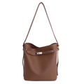 Elegante borsa a secchiello in pelle marrone con motivo litchi e classica chiusura rotante - Marrone