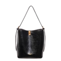 Bolso cubo negro de cuero encerado con cierre giratorio dorado y correa de hombro - Negro
