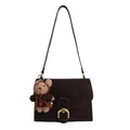 Deep brown crossbody bag with gold buckle and cute bear charm, elegant matte leather finish - With Pendant / Brown