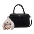 Black faux suede bucket bag with silver hardware and a white plush rabbit charm - With Pendant / Black