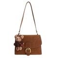 Dark brown suede crossbody bag with gold D-buckle and a cute plush bear pendant - With Pendant / Caramel color