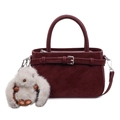 Dark red suede bucket bag with top handle and plush rabbit pendant charm - With Pendant / Burgundy